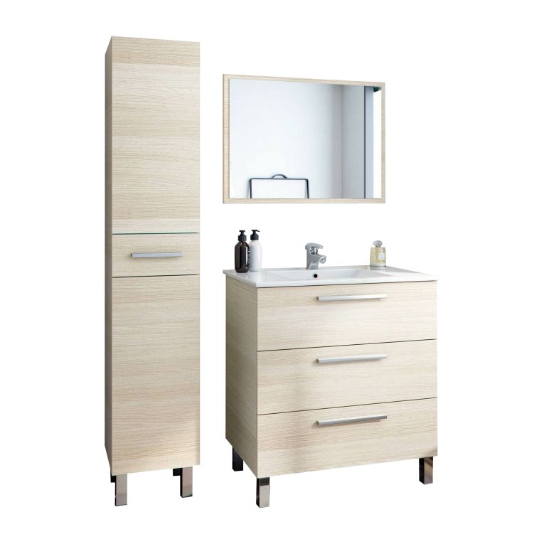Set Mobili Bagno Marrone Rovere Specchio Incluso 4 Cassetti, 2 Ripiani - Nomaglio