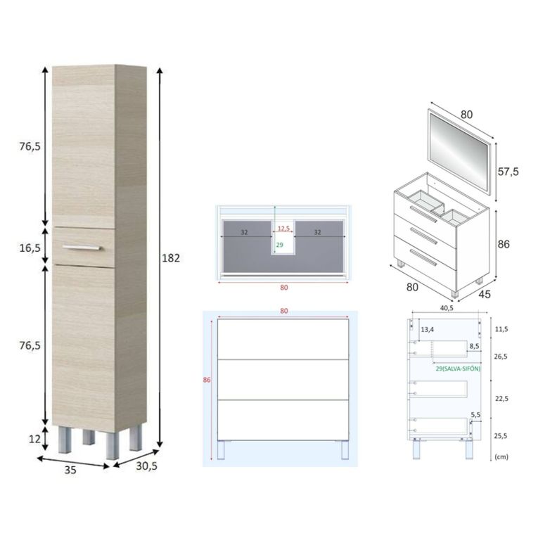 Set Mobili Bagno Marrone Rovere Specchio Incluso 4 Cassetti, 2 Ripiani - Nomaglio