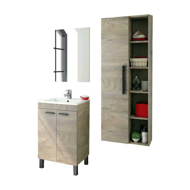 Set Mobili Bagno Marrone Rovere Specchio Incluso 8 Ripiani, 3 Ante - Sorico