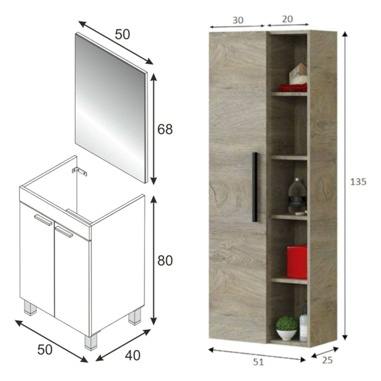 Set Mobili Bagno Marrone Rovere Specchio Incluso 8 Ripiani, 3 Ante - Sorico
