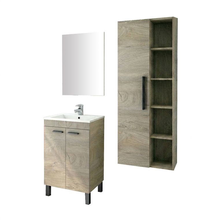 Set Mobili Bagno Marrone Rovere Specchio Incluso 8 Ripiani, 3 Ante - Sorico