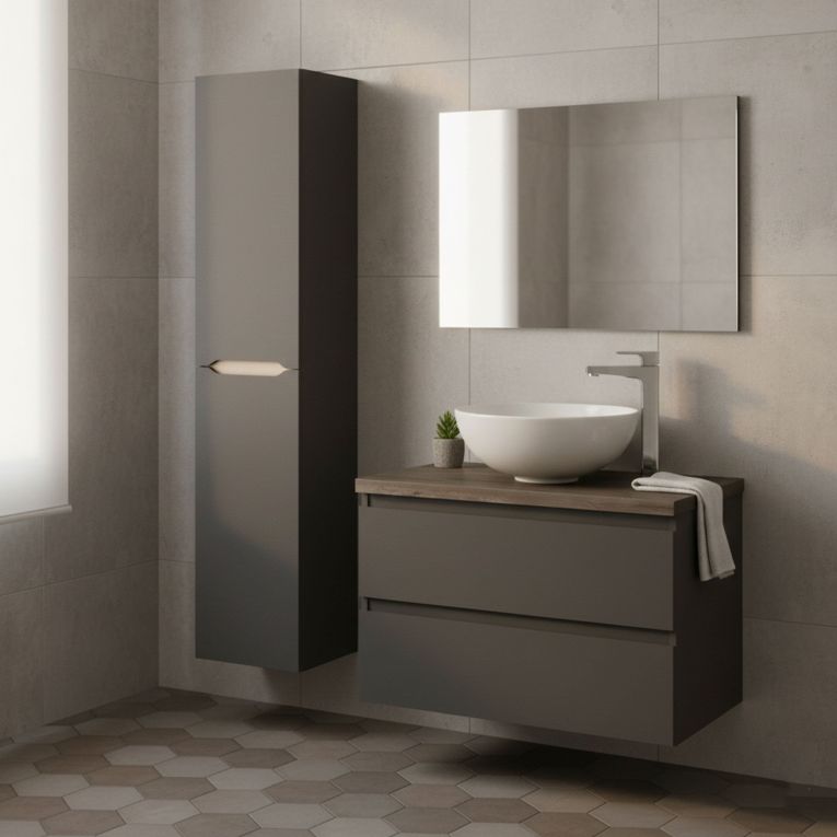 Set Mobili Bagno Nero Antracite Marrone Specchio Incluso 2 Cassetti, 2 Ripiani - Tauro