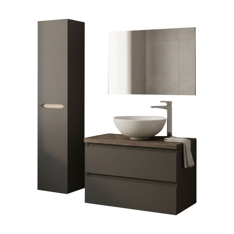 Set Mobili Bagno Nero Antracite Marrone Specchio Incluso 2 Cassetti, 2 Ripiani - Tauro
