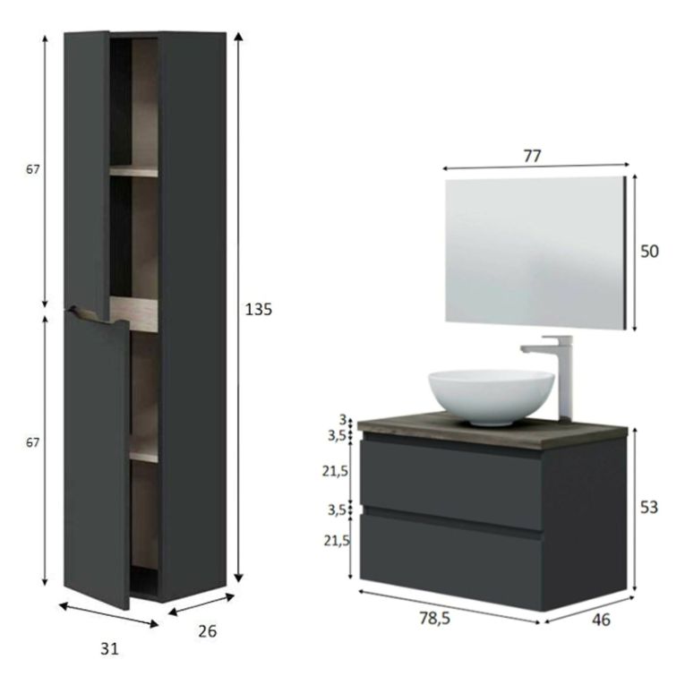 Set Mobili Bagno Nero Antracite Marrone Specchio Incluso 2 Cassetti, 2 Ripiani - Tauro