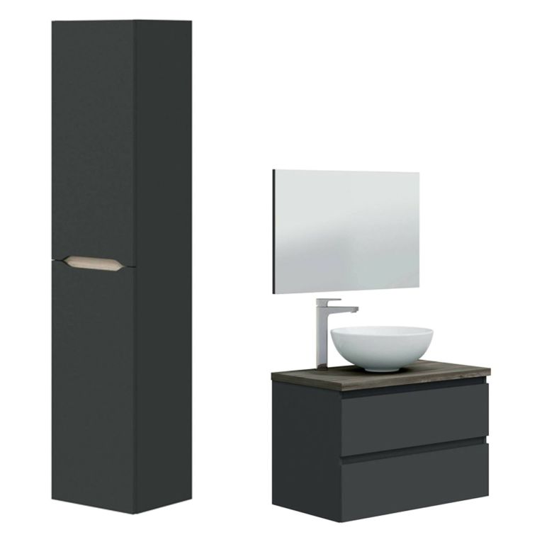Set Mobili Bagno Nero Antracite Marrone Specchio Incluso 2 Cassetti, 2 Ripiani - Tauro