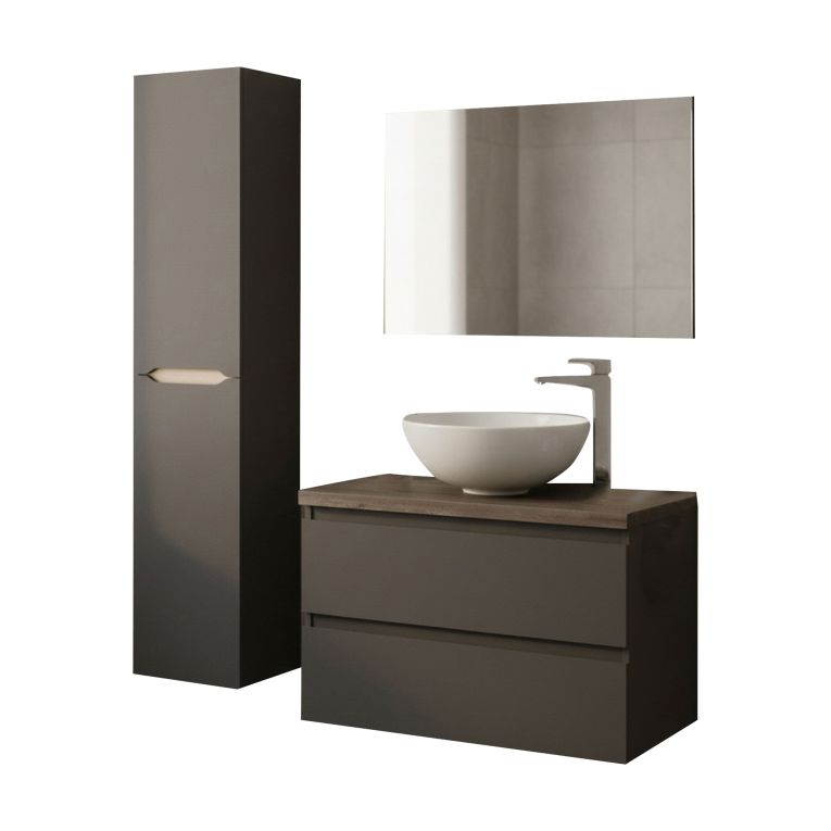 Set Mobili Bagno Nero Antracite Marrone Specchio Incluso 2 Cassetti, 2 Ripiani - Tauro
