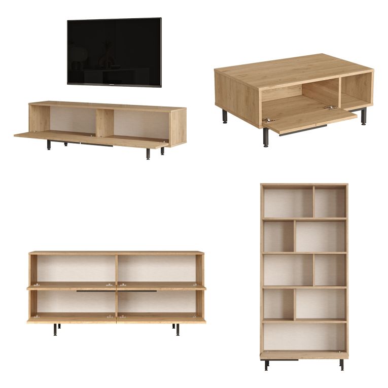 Set Mobili da Soggiorno Beige Marrone Rovere Modulabile 16 Ripiani, 8 Ante - Suardi