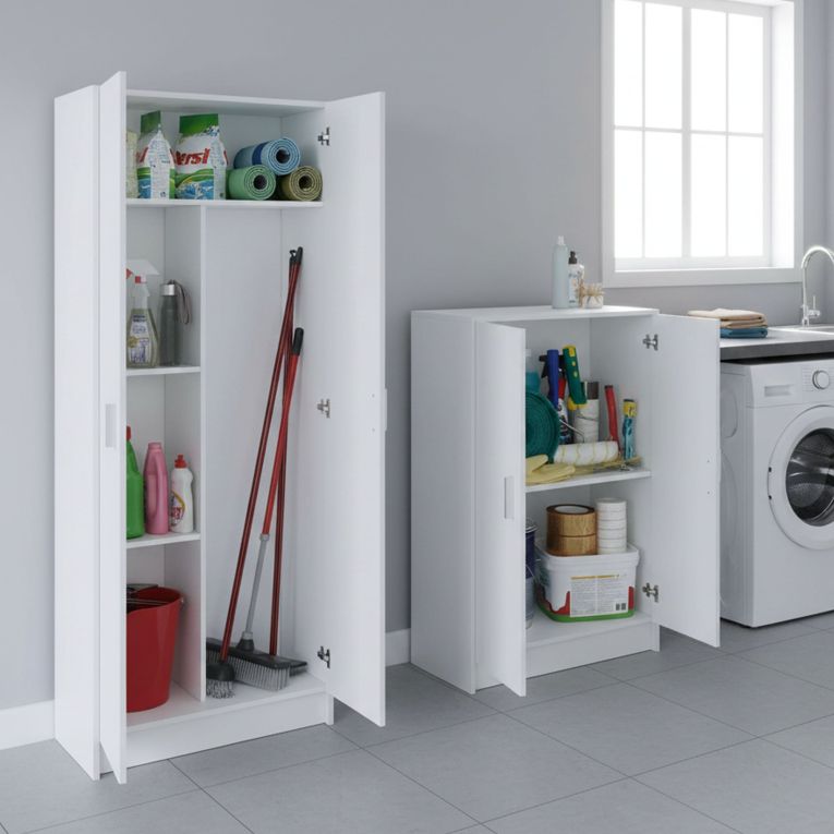 Set Mobili per Lavanderia Bianco 4 Ripiani 7 Vani, Apertura Battente - Ornago