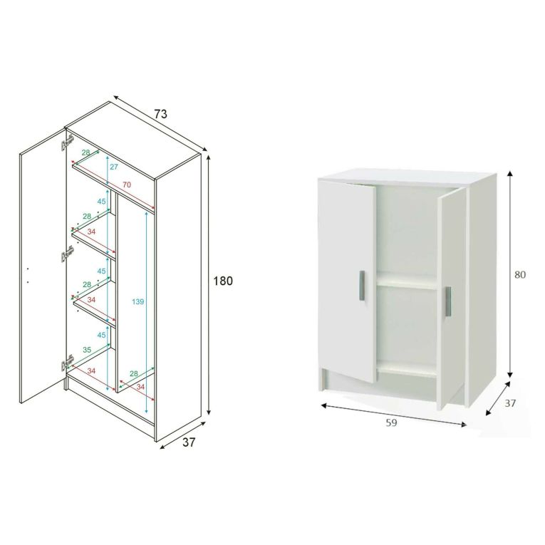 Set Mobili per Lavanderia Bianco 4 Ripiani 7 Vani, Apertura Battente - Ornago