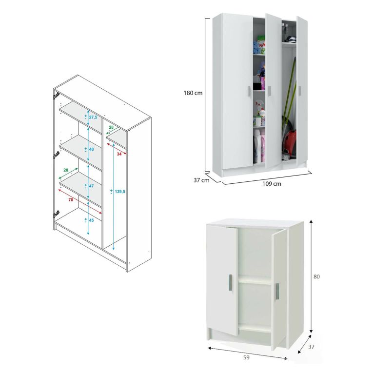 Set Mobili per Lavanderia Bianco 6 Ripiani 8 Vani, Apertura Battente - Fenis