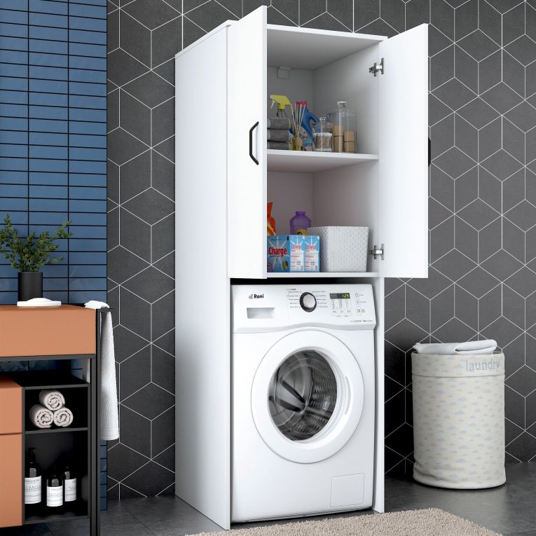 Set Mobili per Lavanderia Bianco Nero 2 Ripiani 3 Vani, Apertura Battente - Schianno