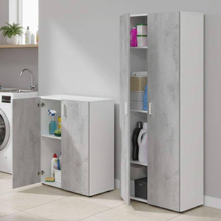Set Mobili per Lavanderia Grigio Cemento Bianco 4 Ripiani 7 Vani, Apertura Battente - Funes
