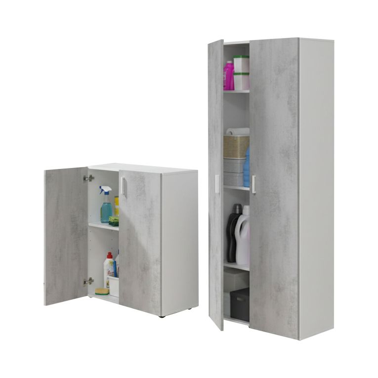Set Mobili per Lavanderia Grigio Cemento Bianco 4 Ripiani 7 Vani, Apertura Battente - Funes