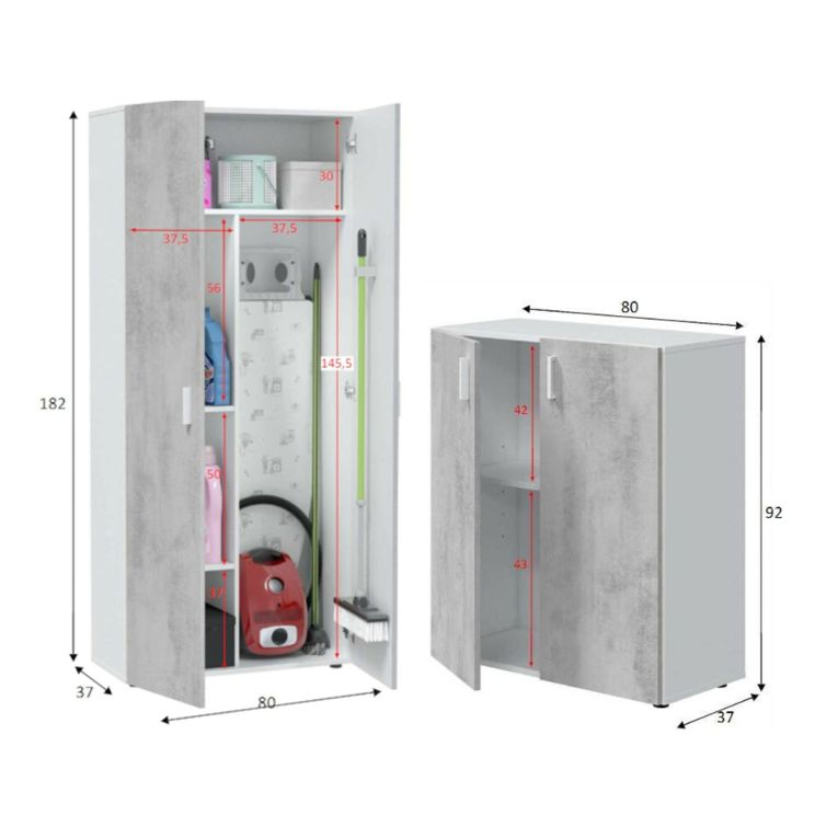 Set Mobili per Lavanderia Grigio Cemento Bianco 4 Ripiani 7 Vani, Apertura Battente - Funes