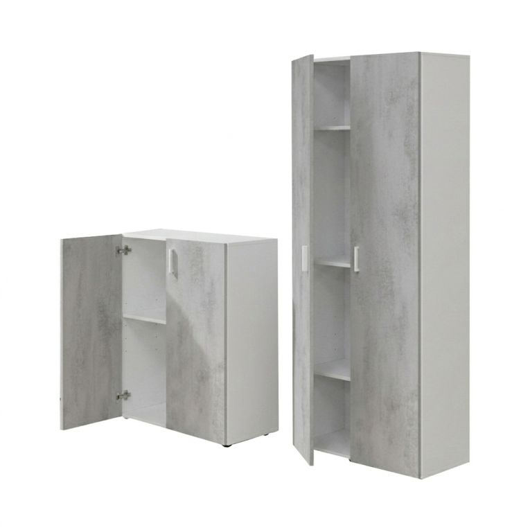 Set Mobili per Lavanderia Grigio Cemento Bianco 4 Ripiani 7 Vani, Apertura Battente - Funes