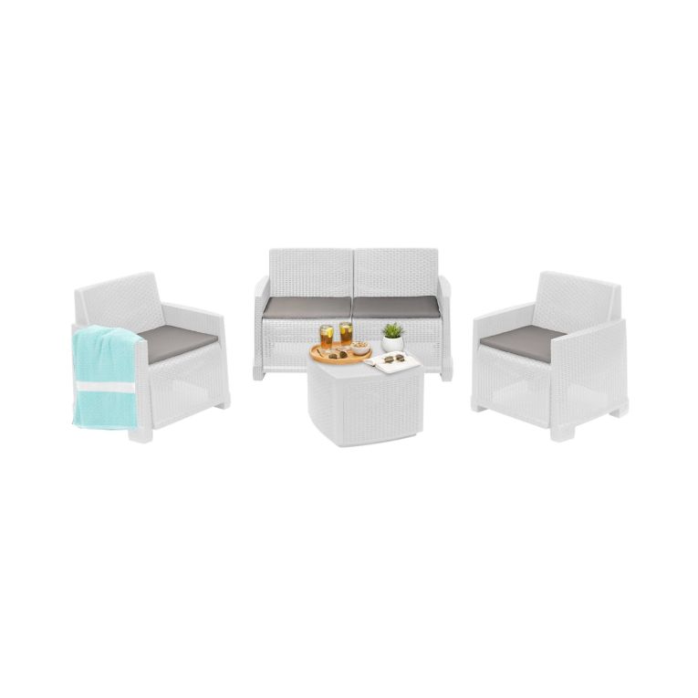 Set salotto cortile 2 poltrone e 1 divano effetto rattan bianco - Amer