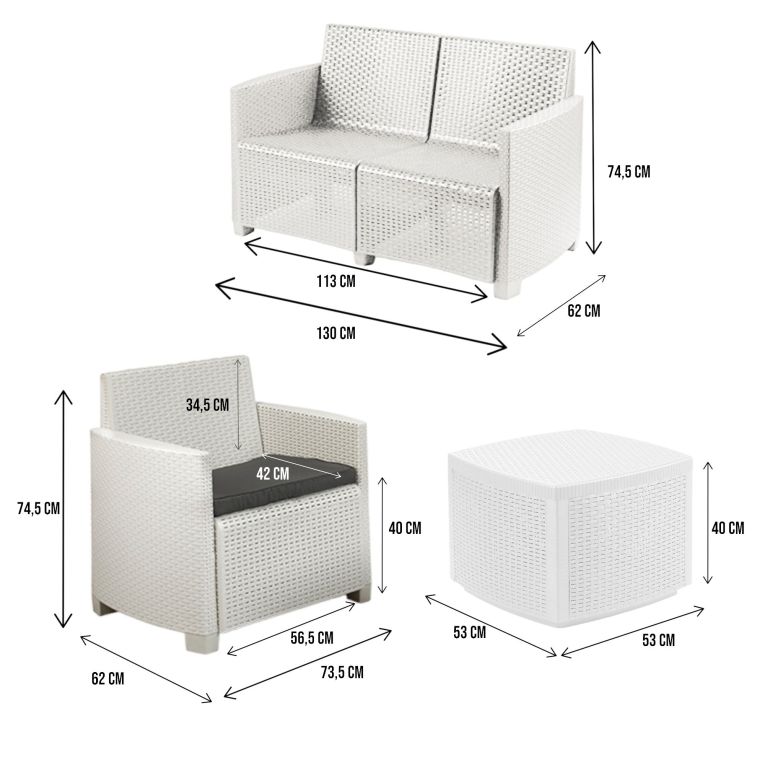 Set salotto cortile 2 poltrone e 1 divano effetto rattan bianco - Amer