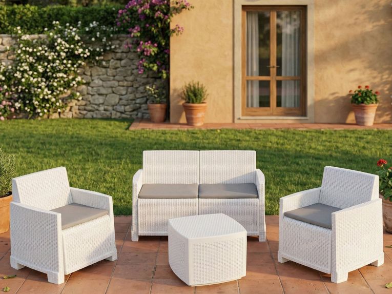 Set salotto cortile 2 poltrone e 1 divano effetto rattan bianco - Amer