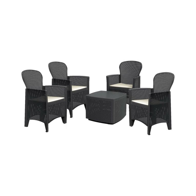 Set salotto da esterno Anagni, Salottino outdoor o indoor, 4 poltrone con braccioli con un tavolino contenitore, Made in Italy, Antracite