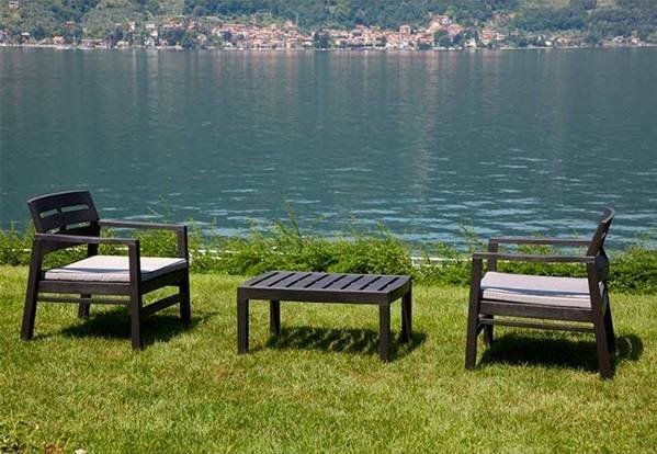 Set salotto da esterno Benevento, Set da giardino con 2 poltrone e 1 tavolino, Salottino indoor e outdoor con cuscini, 100% Made in Italy, Antracite