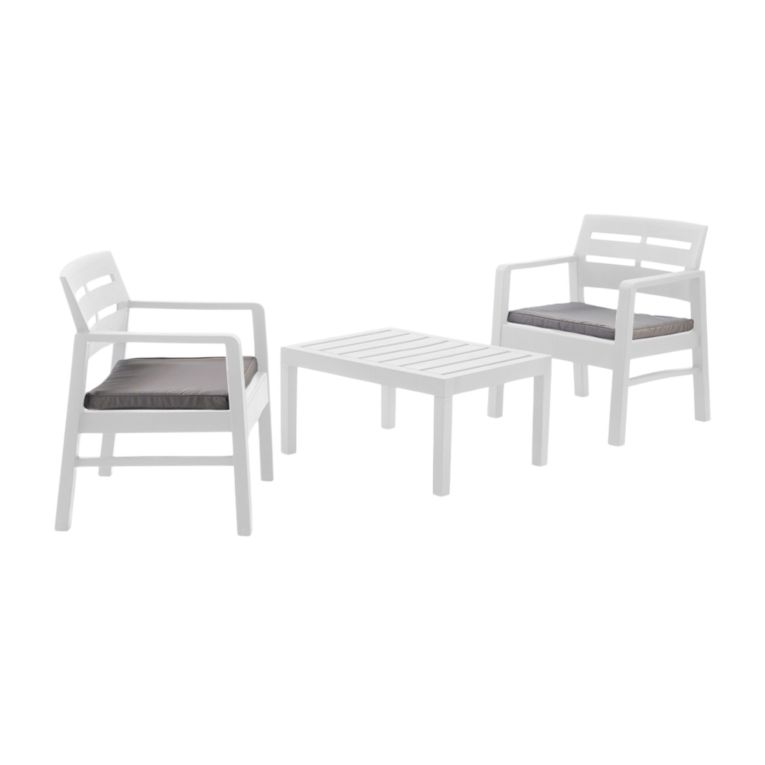 Set salotto da esterno Benevento, Set da giardino con 2 poltrone e 1 tavolino, Salottino indoor e outdoor con cuscini, 100% Made in Italy, Bianco
