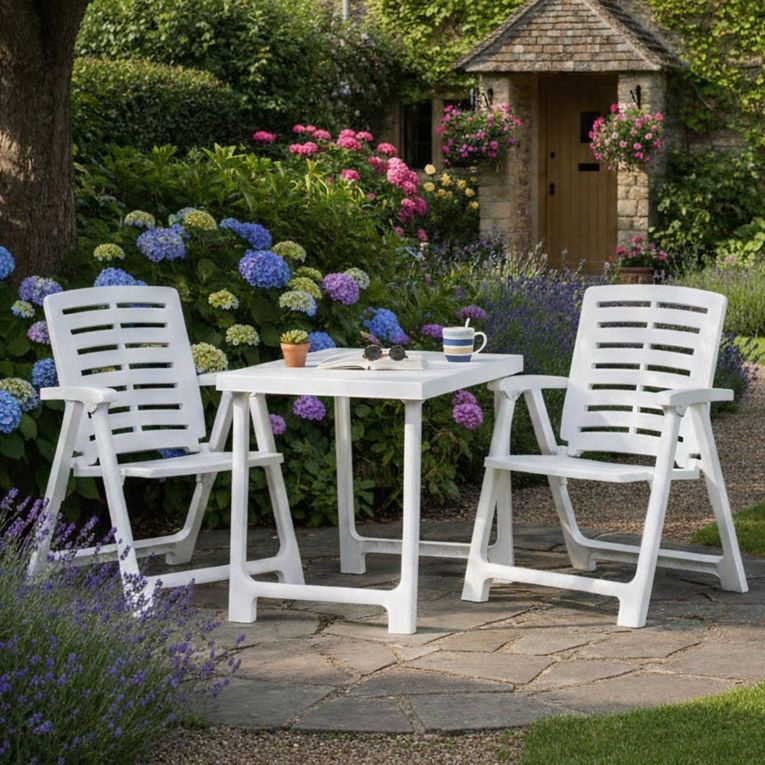 Set Salotto da Esterno Bianco 2 Posti un Tavolino, set da Campeggio Bistrot Made in Italy - Lithia