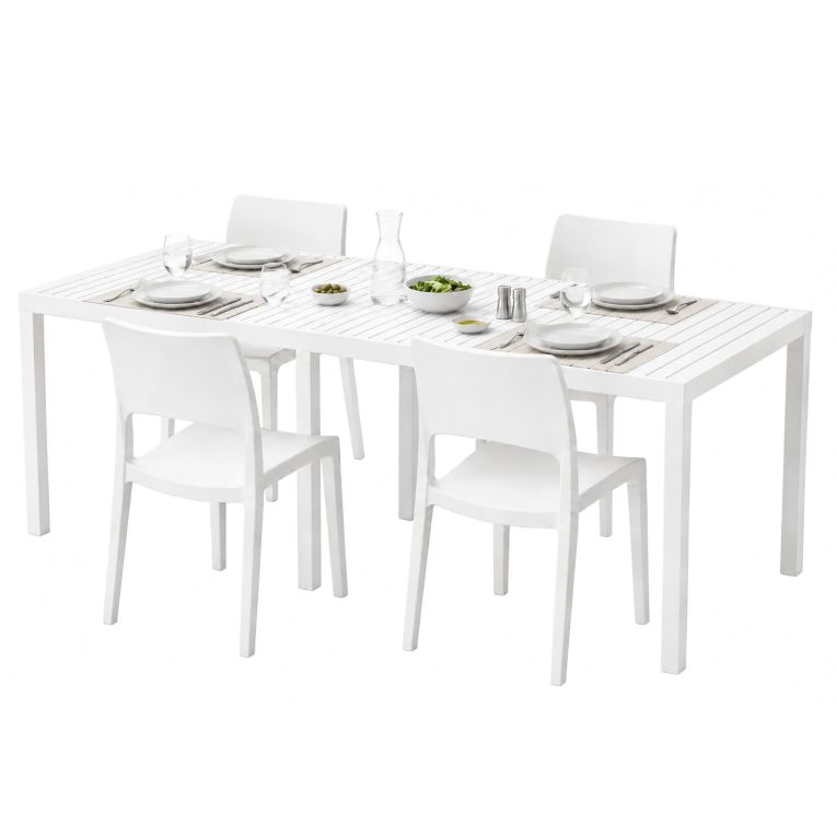 Set Salotto da Esterno Bianco 4 Posti Tavolo Tavolo Allungabile, Finitura Effetto Doghe Made in Italy - Masisanno
