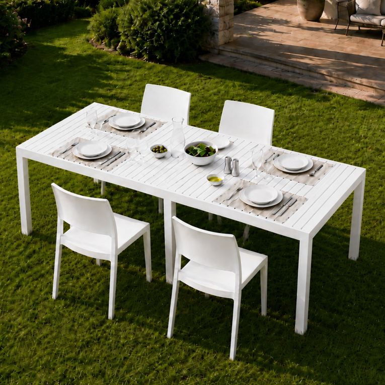 Set Salotto da Esterno Bianco 4 Posti Tavolo Tavolo Allungabile, Finitura Effetto Doghe Made in Italy - Masisanno