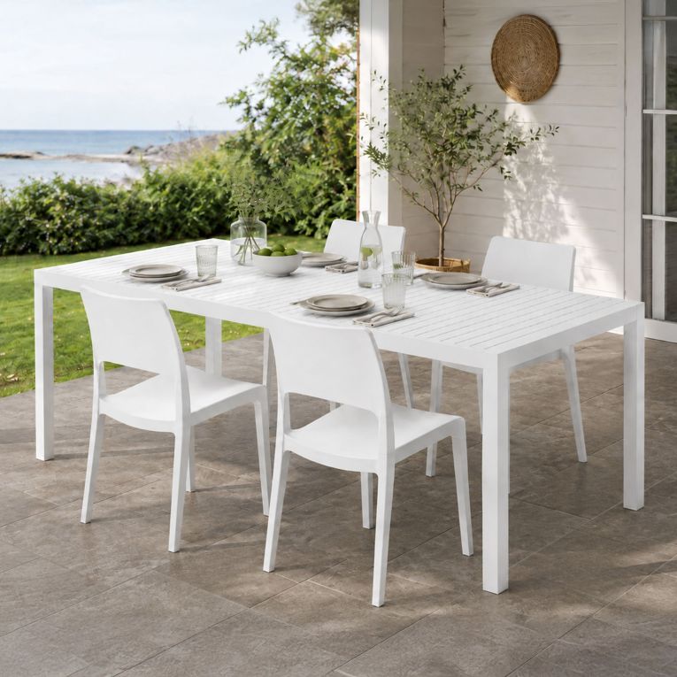 Set Salotto da Esterno Bianco 4 Posti Tavolo Tavolo Allungabile, Finitura Effetto Doghe Made in Italy - Masisanno