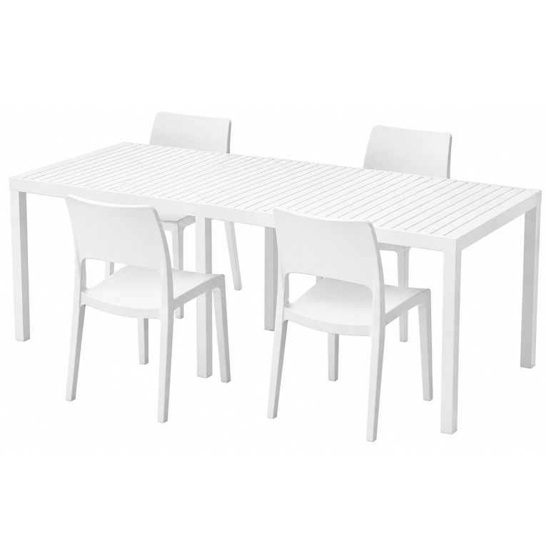 Set Salotto da Esterno Bianco 4 Posti Tavolo Tavolo Allungabile, Finitura Effetto Doghe Made in Italy - Masisanno
