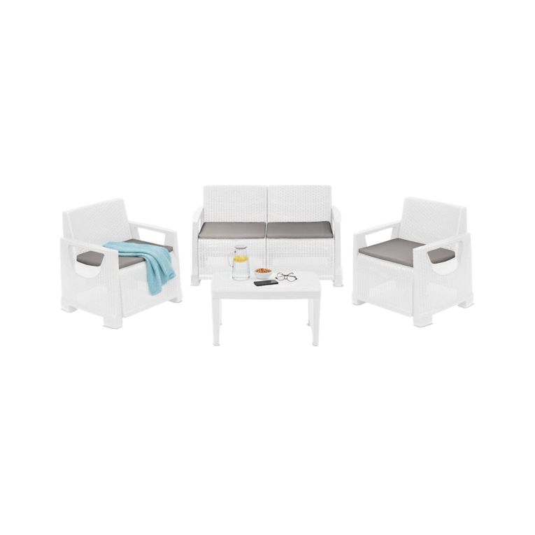 Set Salotto da Esterno Bianco 4 Posti un Tavolino, Cuscini Inclusi - Covo