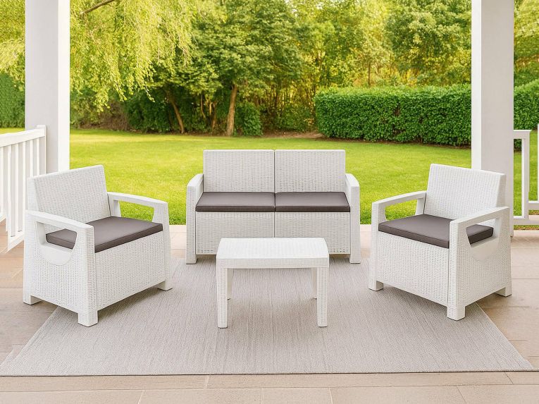 Set Salotto da Esterno Bianco 4 Posti un Tavolino, Cuscini Inclusi - Covo
