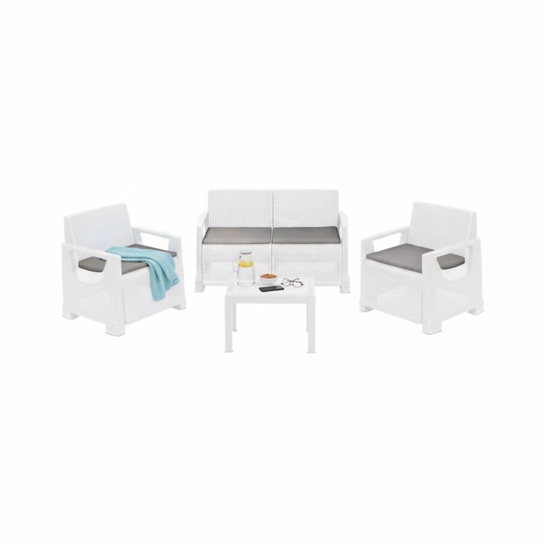 Set Salotto da Esterno Bianco 4 Posti un Tavolino, Cuscini Inclusi - Mioglia