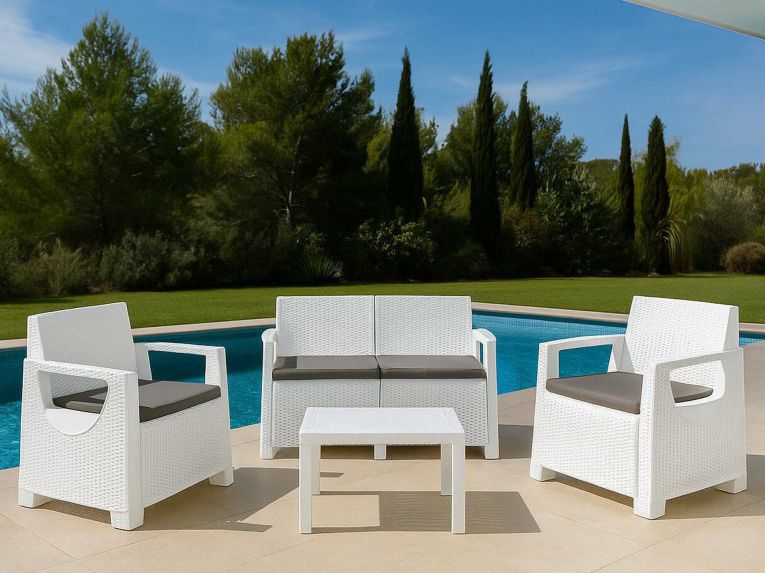 Set Salotto da Esterno Bianco 4 Posti un Tavolino, Cuscini Inclusi - Mioglia