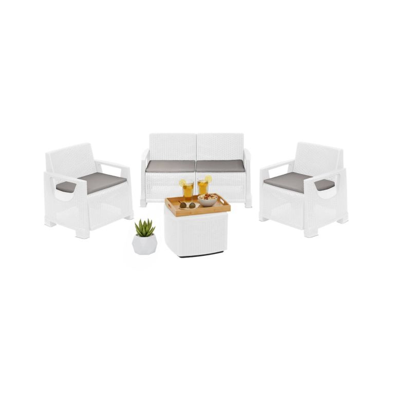 Set Salotto da Esterno Bianco 4 Posti un Tavolino, Cuscini Inclusi - Triulzi