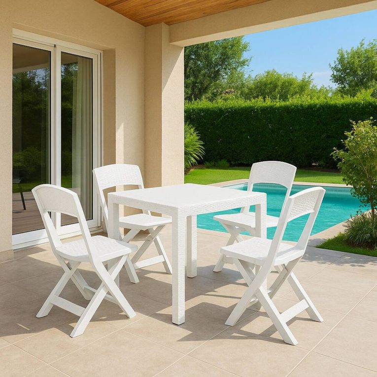 Set Salotto da Esterno Bianco 4 Posti un Tavolino, Impermeabile 100% Riciclabile Made in Italy - Sanzeno