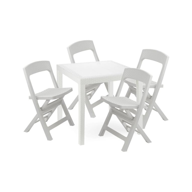 Set Salotto da Esterno Bianco 4 Posti un Tavolino, Impermeabile 100% Riciclabile Made in Italy - Sanzeno