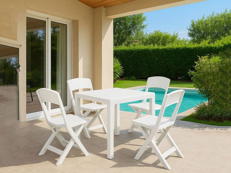 Set Salotto da Esterno Bianco 4 Posti un Tavolino, Impermeabile 100% Riciclabile Made in Italy - Sanzeno