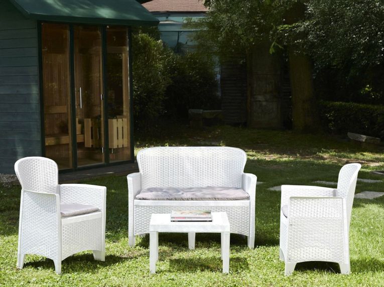 Set Salotto da Esterno Bianco 4 Posti un Tavolino, Impermeabile Idrorepellente - Alesandro