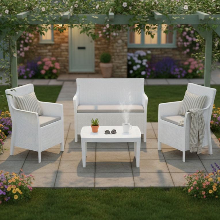 Set Salotto da Esterno Bianco 4 Posti un Tavolino, Made in Italy - Lasca