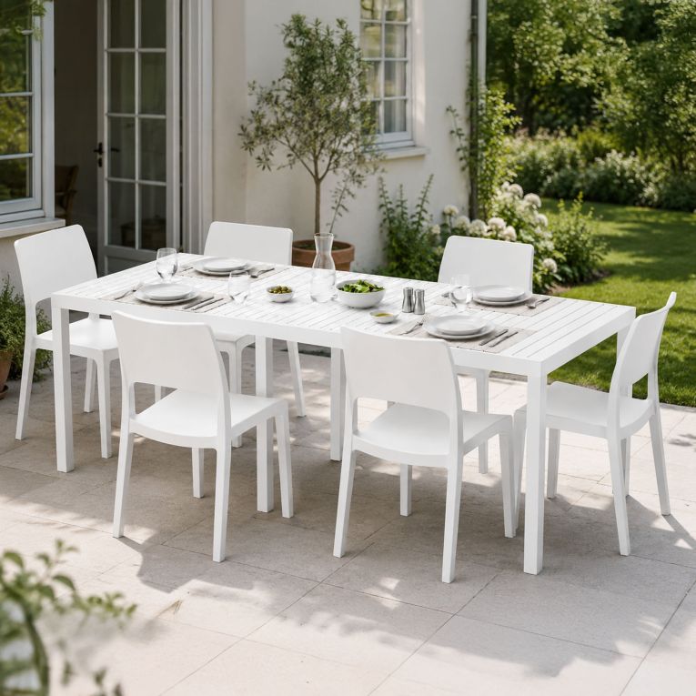 Set Salotto da Esterno Bianco 6 Posti Tavolo Tavolo Allungabile, Finitura Effetto Doghe Made in Italy - Masetanno
