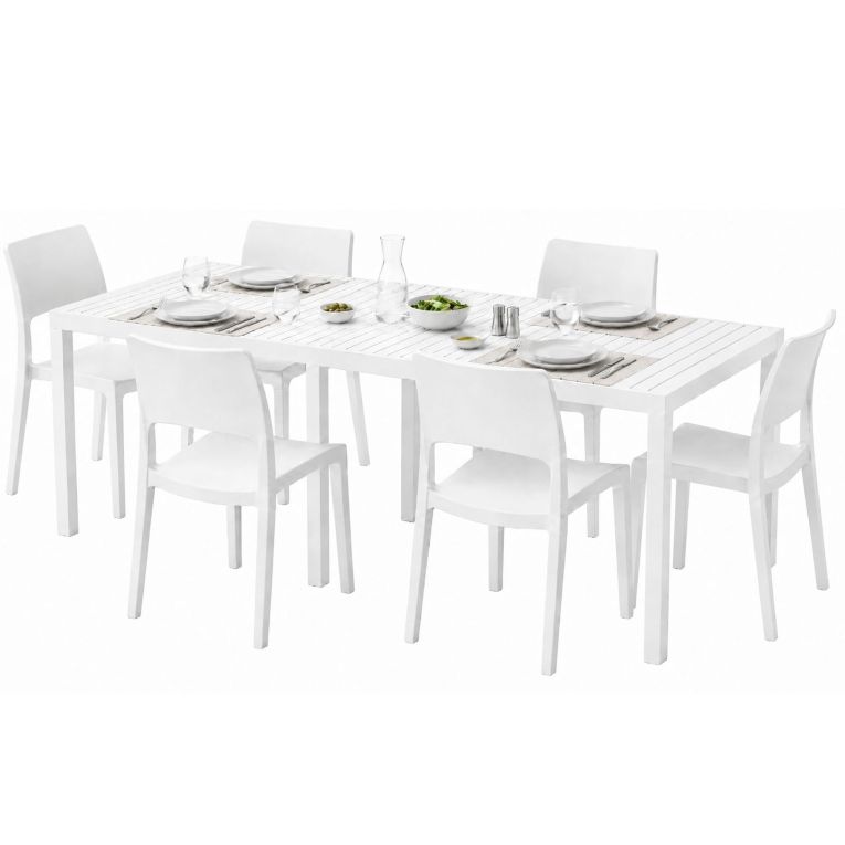 Set Salotto da Esterno Bianco 6 Posti Tavolo Tavolo Allungabile, Finitura Effetto Doghe Made in Italy - Masetanno