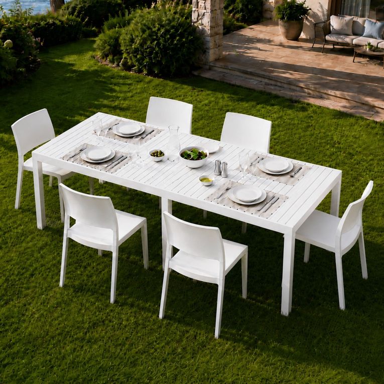 Set Salotto da Esterno Bianco 6 Posti Tavolo Tavolo Allungabile, Finitura Effetto Doghe Made in Italy - Masetanno