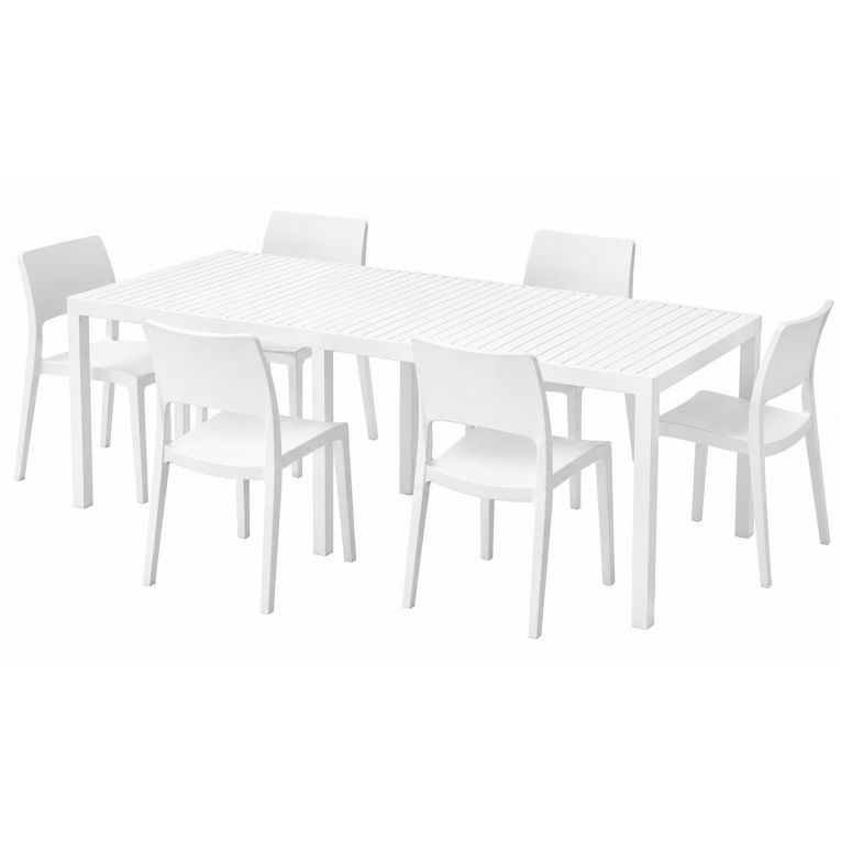Set Salotto da Esterno Bianco 6 Posti Tavolo Tavolo Allungabile, Finitura Effetto Doghe Made in Italy - Masetanno