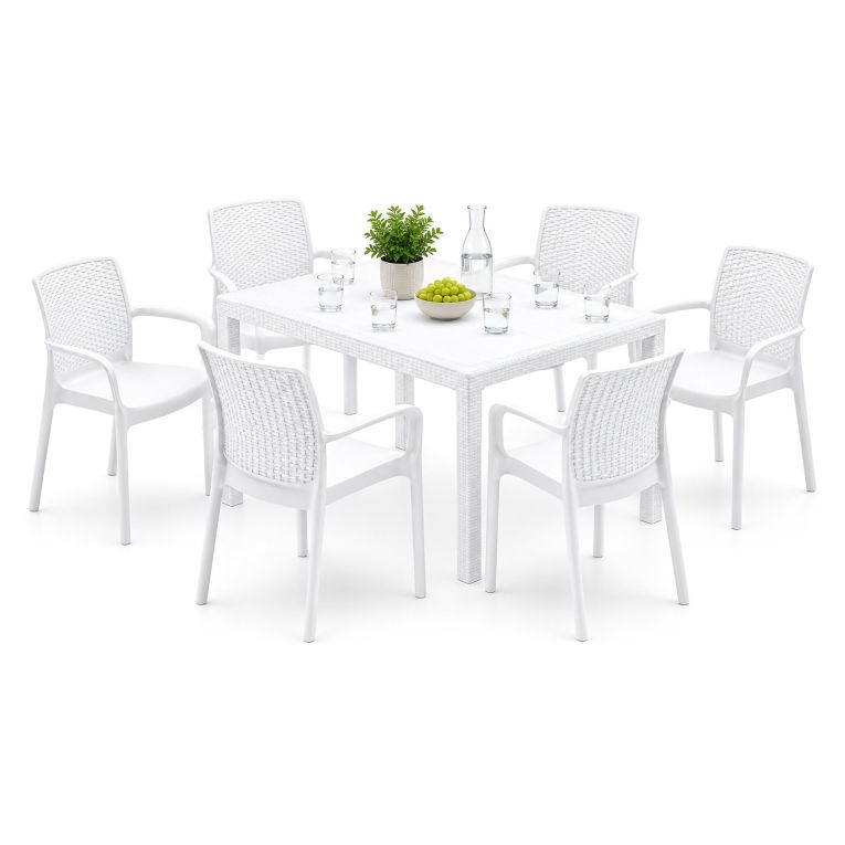 Set Salotto da Esterno Bianco 6 Posti un Tavolino, Impermeabile Idrorepellente Made in Italy - Matarene