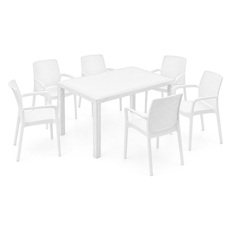 Set Salotto da Esterno Bianco 6 Posti un Tavolino, Impermeabile Idrorepellente Made in Italy - Matarene