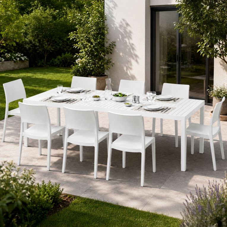 Set Salotto da Esterno Bianco 8 Posti Tavolo Tavolo Allungabile, Finitura Effetto Doghe Made in Italy - Masibanno