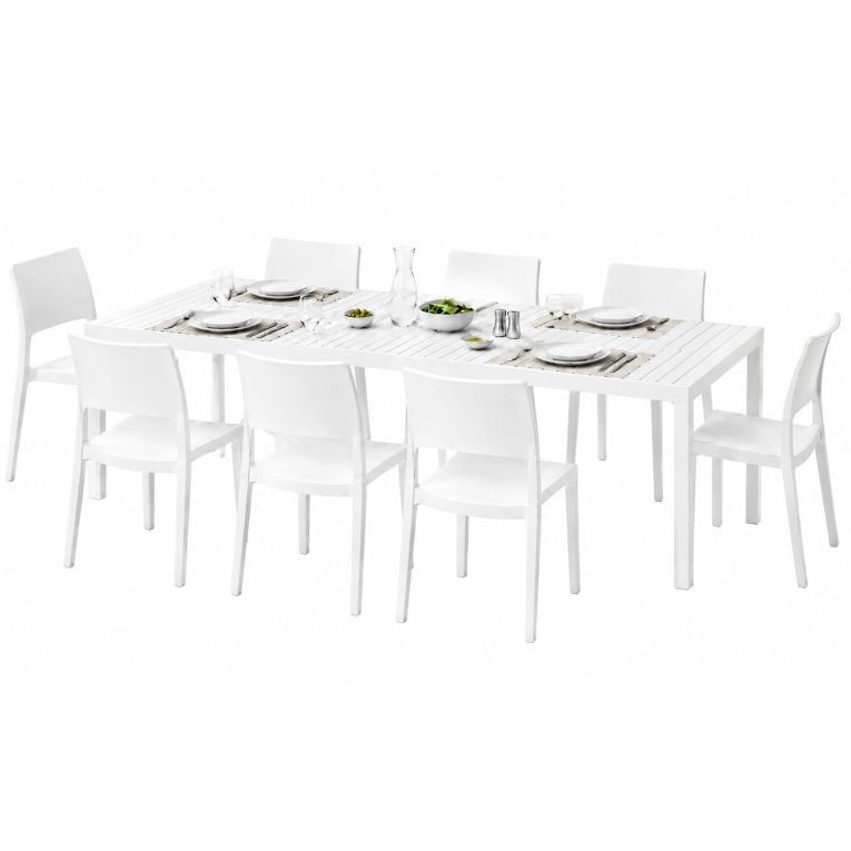 Set Salotto da Esterno Bianco 8 Posti Tavolo Tavolo Allungabile, Finitura Effetto Doghe Made in Italy - Masibanno