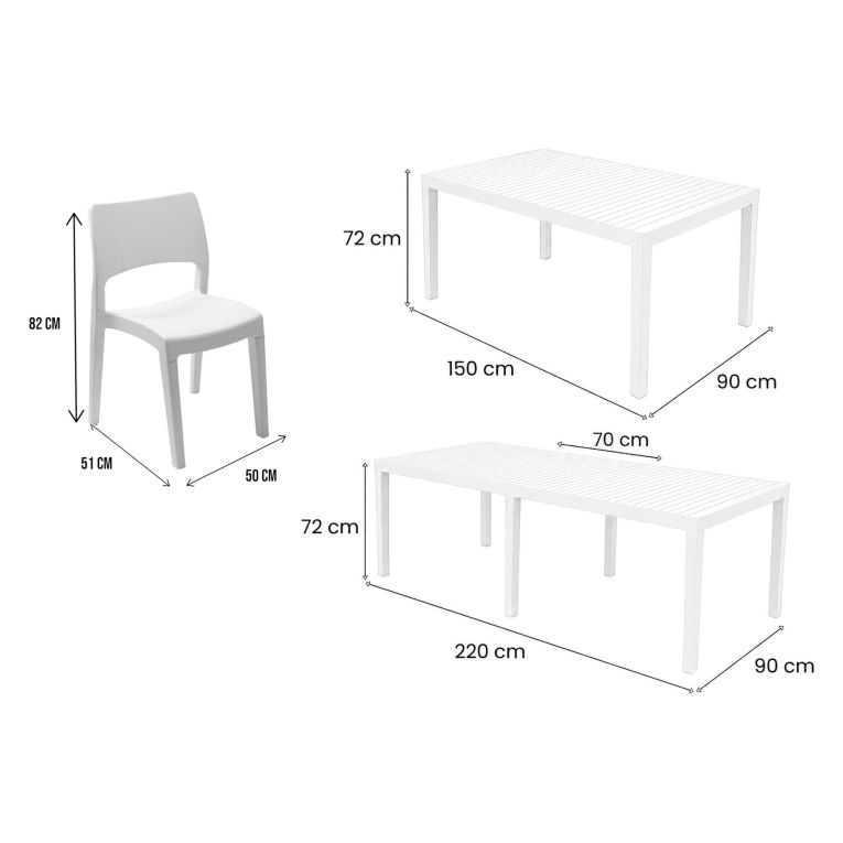 Set Salotto da Esterno Bianco 8 Posti Tavolo Tavolo Allungabile, Finitura Effetto Doghe Made in Italy - Masibanno
