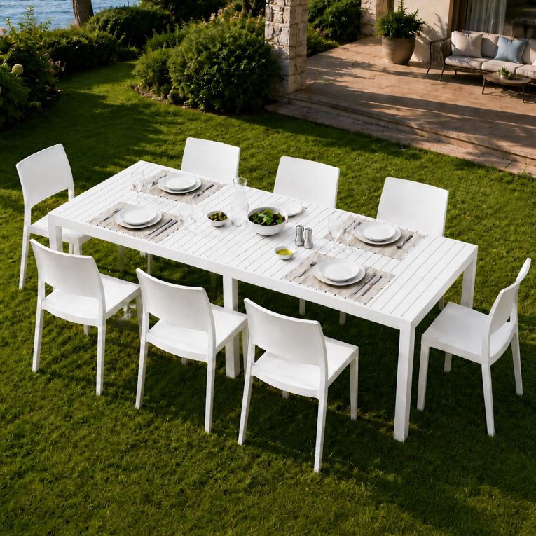 Set Salotto da Esterno Bianco 8 Posti Tavolo Tavolo Allungabile, Finitura Effetto Doghe Made in Italy - Masibanno